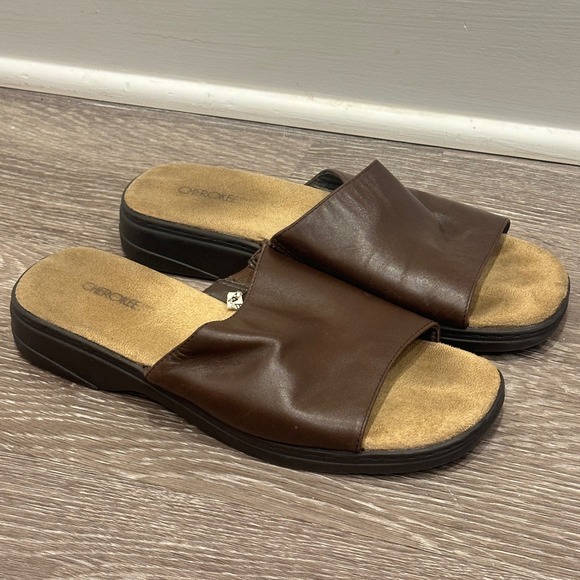 Cherokee Shoes - VTG 90s Cherokee Roberta Brown Leather Slide Sandals Wedge Mules 9 Boho Grunge